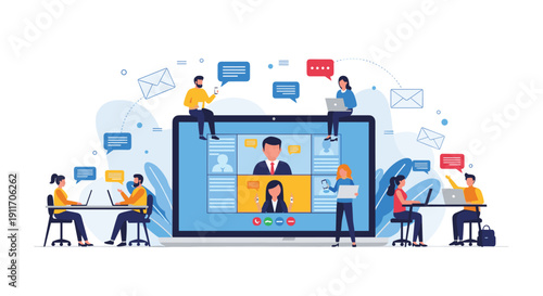 Remote team of professionals conducting a video conference call on a giant laptop screen with chat bubbles and email icons.