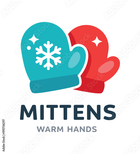 Single flat vector icon of kids mittens: two rounded mittens overlapping tiny snowflake cutout two sparkle dots stylish modern cutout look made with clean negative space gaps and soft