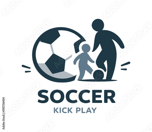 Single flat vector icon of father and child soccer: rounded soccer ball with two panel cutouts father and child silhouettes beside it two tiny motion ticks stylish modern cutout look made