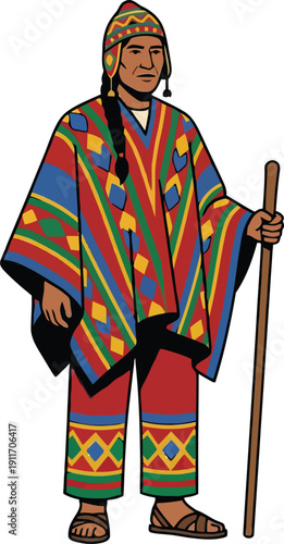Traditional indigenous South American Andean man wearing a colorful geometric patterned poncho and chullo hat holding a wooden staff for cultural heritage events.