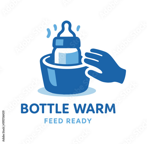 Single flat vector icon of father warming bottle: rounded bottle small warmer cup father silhouette hand nearby three tiny steam dots above stylish modern cutout look made with clean