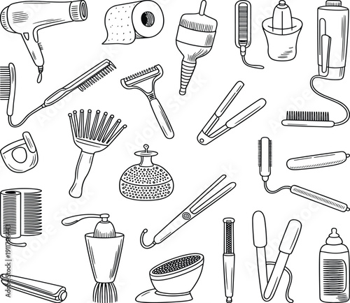 Black and white line drawing of hairdressing and grooming tools including hairdryer, combs, brushes, razors, curling irons, straighteners, spray bottles, and salon accessories