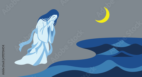 Beautiful mystical spiritual woman in a flowing dress praying peacefully by the deep blue ocean water waves under a yellow crescent moon during a calm silent night.