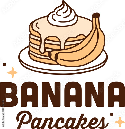 Banana pancakes stack logo American brunch fruit flavor sticker design vintage retro groovy preppy aesthetic. Homemade healthy gluten free vegan breakfast on white plate illustration print clipart.