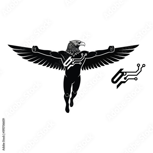 Striking black and white vector illustration of a powerful winged figure merging avian features with intricate digital circuit board technology symbolism