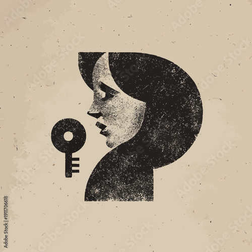 Stylized side profile of a woman gazing at a key, with a textured vintage style