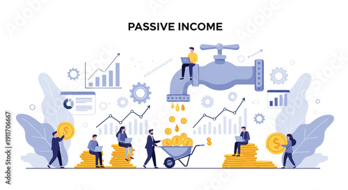 Financial concept of passive income showing a giant tap pouring gold coins into a wheelbarrow surrounded by busy professionals.