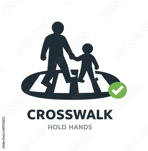 Single flat vector icon of father and child crossing street: rounded crosswalk with three stripes father and child silhouettes holding hands tiny check dot stylish modern cutout look made