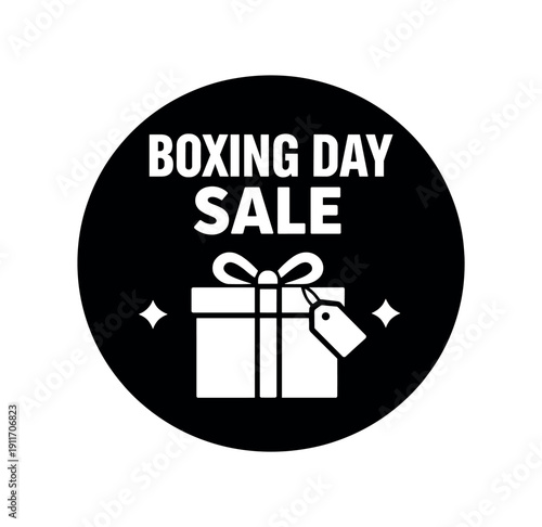 Flat vector badge BOXING DAY SALE simple white gift box with tag