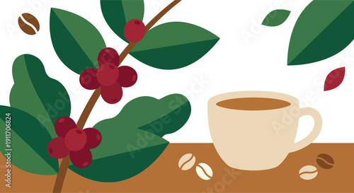 Delicious hot morning coffee drink cup beside a fresh green plant branch growing ripe red berries and roasted brown beans for a natural agriculture harvest concept.