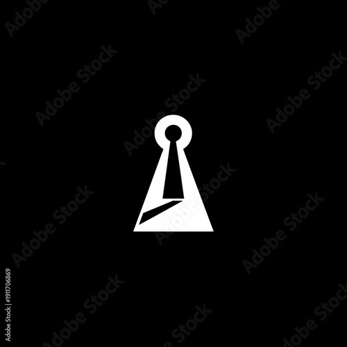 A geometric keyhole illustration, a white, inverted triangle shape with an open top