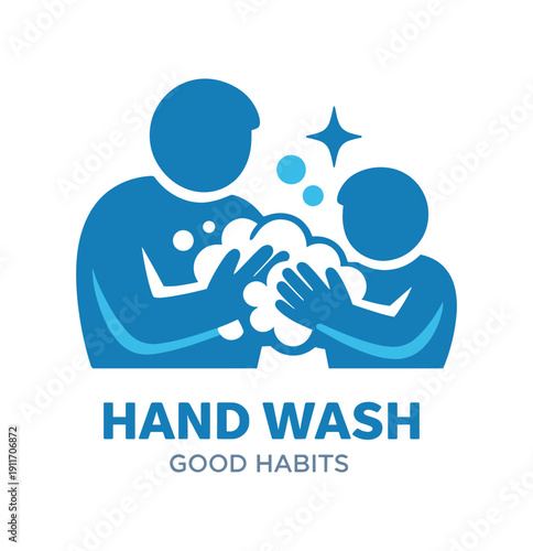 Single flat vector icon of father teaching handwashing: rounded father and child silhouettes with soap bubbles between hands two bubble dots one sparkle stylish modern cutout look made with