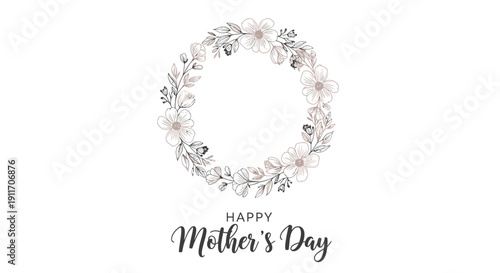Vector floral wreath with pink flowers and leaves forming a circle around 'HAPPY Mother's Day' text on transparent background