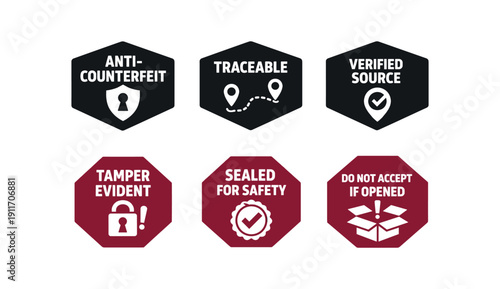 six separate flat vector badges three solid black hexagons and three solid deep maroon octagons and simple white pictograms below evenly spaced hex texts/: ANTI COUNTERFEIT shield keyhole