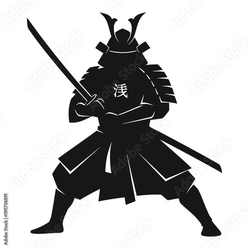 Black silhouette graphic illustrating a traditional japanese samurai warrior figure holding a sharp katana sword ready for battle stance