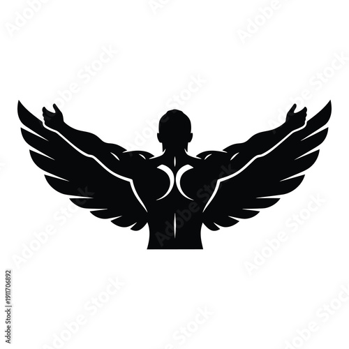 Muscular male silhouette icon depicting strength victory and powerful athletic physique with outstretched winged embrace design vector graphic