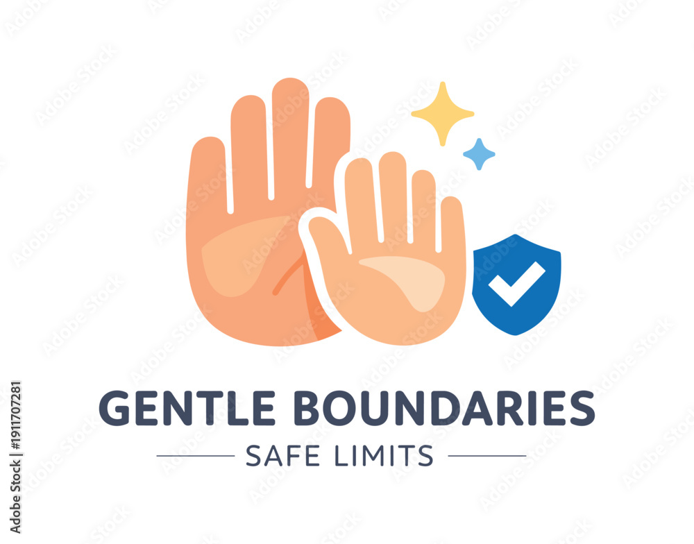 Fototapeta premium Single flat vector icon of gentle boundary setting: rounded parent hand and small child hand with soft stop gesture tiny shield dot beside the hands one calm sparkle dot stylish modern