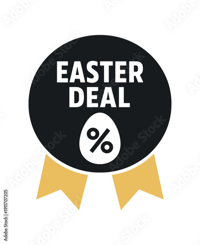 Flat vector ribbon badge EASTER DEAL simple white egg with percent sign two ribbon below circle muted