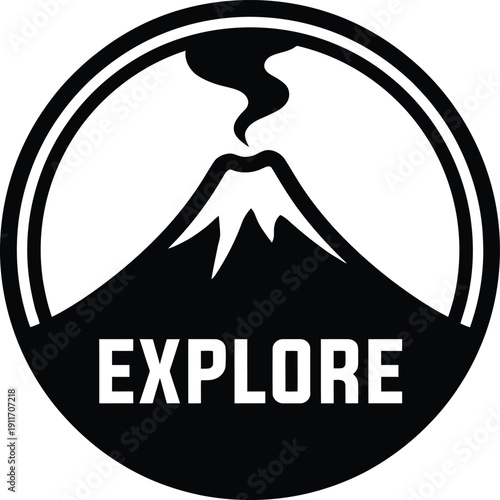 Black and white circular outdoor adventure explore badge logo featuring a majestic smoking volcano mountain peak for wilderness nature travel and hiking expeditions.