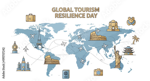 Illustration of a world map on Global Tourism Resilience Day featuring iconic landmarks and travel-related icons in a vector style with a focus on sustainable tourism and eco-friendly