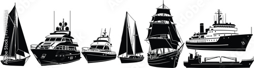 Black Ship Silhouette Vector Set, Maritime Vessel Icons With Sailboat, Yacht, Cargo Ship, And Cruise Liner For Nautical Marine Design