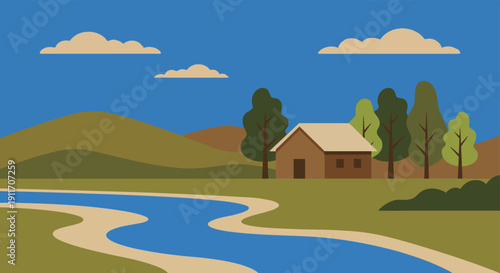 Peaceful rural countryside landscape scenery with a winding river flowing past a cozy small brown cabin surrounded by green trees and rolling hills under a blue sky.