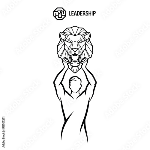 Powerful monochrome vector illustration depicting abstract human figure raising a stylized geometric lion head symbolizing strength and commanding leadership achievement.