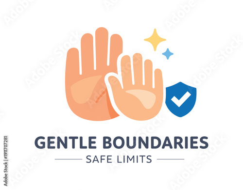 Single flat vector icon of gentle boundary setting: rounded parent hand and small child hand with soft stop gesture tiny shield dot beside the hands one calm sparkle dot stylish modern