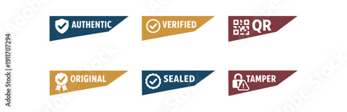 six separate flat vector corner callout stickers badge solid triangle label ( deep maroon) : AUTHENTIC shield check icon VERIFIED check circle icon QR QR icon ORIGINAL ribbon check icon
