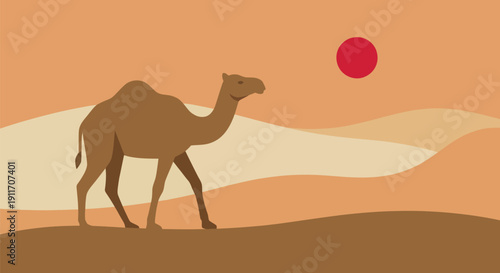 Single brown camel walking across hot sandy desert dunes under a bright red sun in a peaceful dry barren wilderness landscape scenery during a very warm summer day.