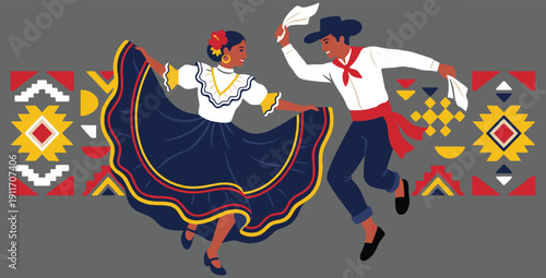 Happy traditional Hispanic couple performing cultural Latin American dance together wearing colorful classic festive attire amongst beautiful ethnic geometric forms.