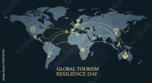 Illustration of a world map with yellow lines and icons on a dark background, celebrating Global Tourism Resilience Day with a theme of sustainable tourism and eco-friendly travel.