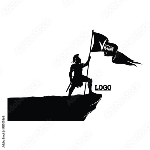 Silhouette of an ancient warrior standing proudly atop a cliff edge hoisting a dark flag proclaiming a powerful victory achievement symbol