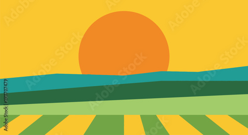 Bright vibrant large orange sun setting over rolling green hills and yellow striped agricultural farm fields in a serene peaceful rural countryside nature scenery.