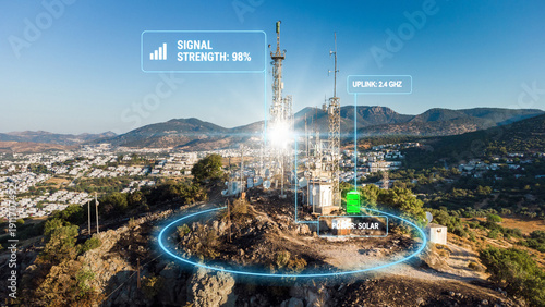 Fotografija Aerial view of a futuristic 5G telecommunication tower on a mountain peak with digital data overlays, signal strength indicators, and solar power status