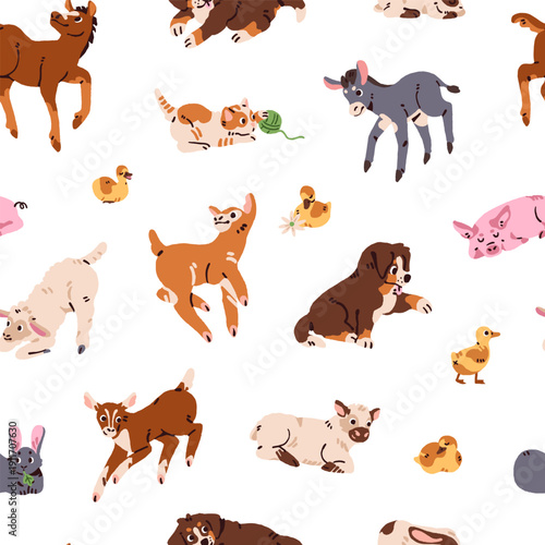 Repeatable pattern of baby animals. Endless background of farm livestock kids: lying little calves, playing goatlings and lambs, funny ducklings and cute piglets. Flat seamless vector illustration