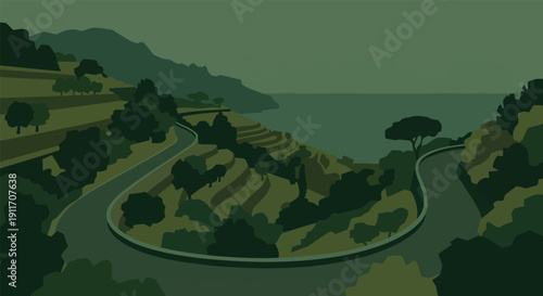 Picturesque winding coastal highway carving through lush green terraced hillsides and steep seaside cliffs overlooking a peaceful calm ocean bay under a bright sky.