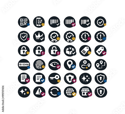 5x6 grid layout on white background thirty separate flat vector badges badge solid black small circle with simple white authenticity/anti counterfeit pictogram and tiny muted color ( deep