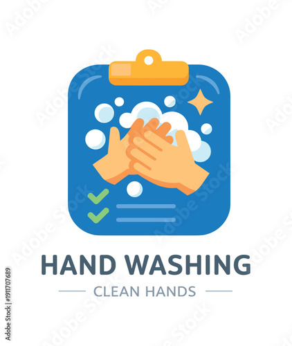 Single flat vector icon of kids handwashing chart: rounded clipboard with two small hands and soap bubbles tiny sparkle and two small check dots stylish modern cutout look made with clean