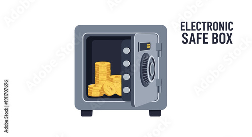 Secure electronic safe box with its door open revealing several stacks of gold coins for financial protection and savings.