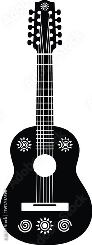 Detailed black and white acoustic stringed musical instrument silhouette featuring sun and spiral motifs for traditional cultural folk music and beautiful artwork.