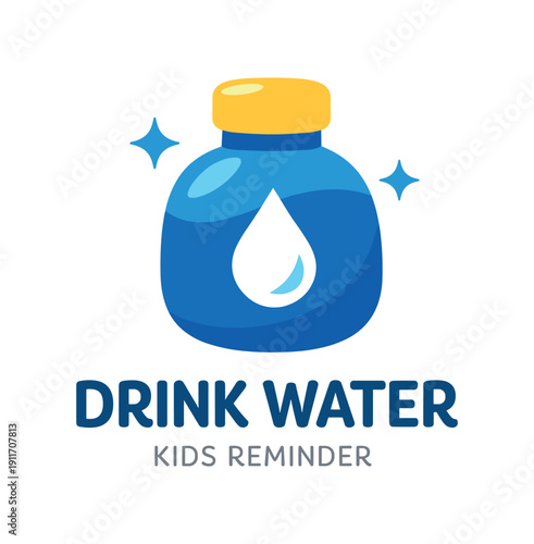 Single flat vector icon of kids water reminder: rounded water bottle with tiny droplet cutout and two small sparkle dots stylish modern cutout look made with clean negative space gaps and