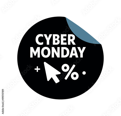 Flat vector sticker peel badge solid black sticker with peeled corner muted blue CYBER MONDAY simple white cursor with percent sign