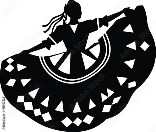 Black silhouette of a graceful young woman dancing with expressive movements, capturing the energy, rhythm, and emotion of a beautiful artistic performance in a dynamic action pose.