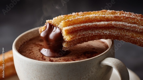 Churro dipping into hot chocolate with steam
