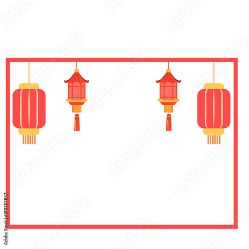 Rectangular frame with three hanging lanterns on top great for banners, posters, and interactive digital greetings.