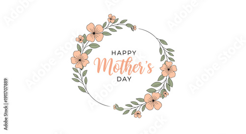 Happy Mother's Day floral wreath with peach flowers and green leaves isolated on transparent background