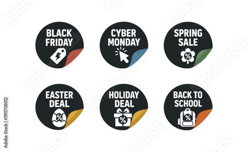 six separate flat vector sticker peel badges badge solid black circle sticker with peeled corner muted seasonal colors ( muted blue muted green muted muted orange) : BLACK FRIDAY tag