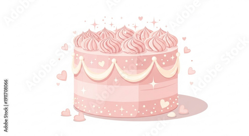 Pink frosted cake with hearts and sparkles on white background for birthday celebration decoration