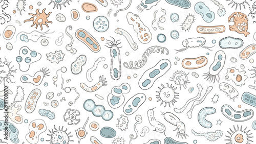Colorful pattern of various microscopic organisms like bacteria viruses and cells in a hand drawn doodle style.